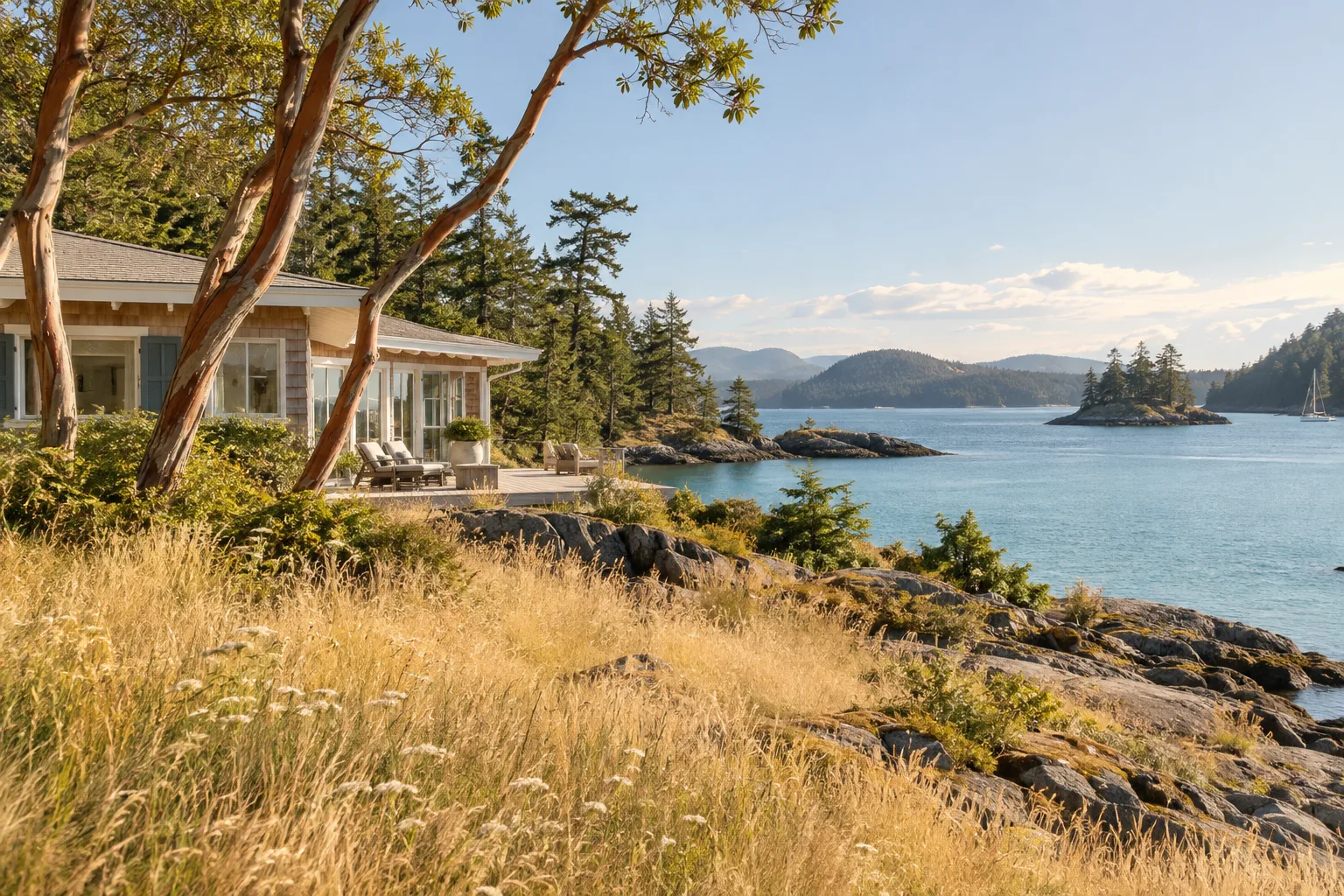 Cedar waterfront retreat overlooking a secluded British Columbia bay