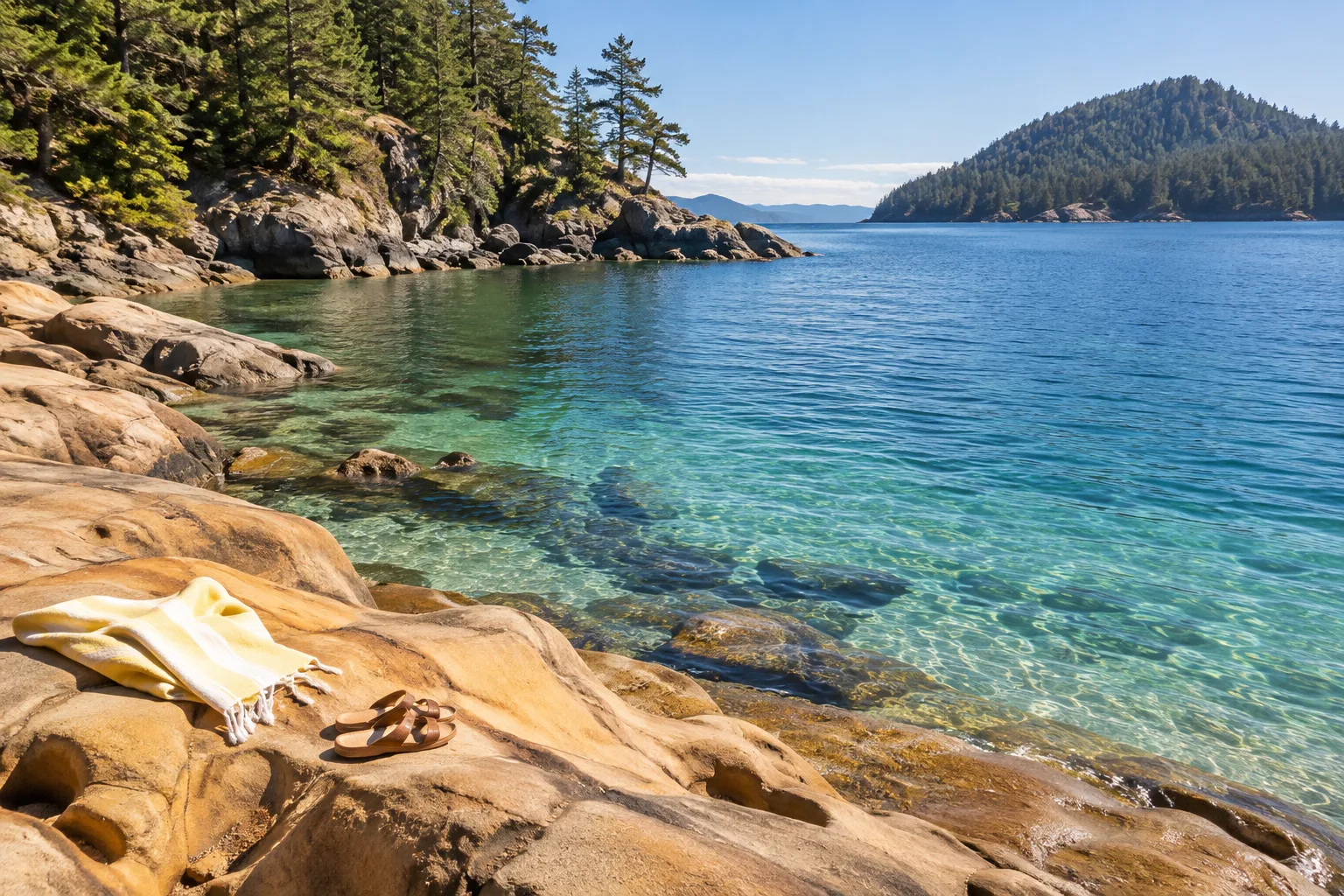 Yellow-striped towel on sandstone above a clear turquoise Canadian cove