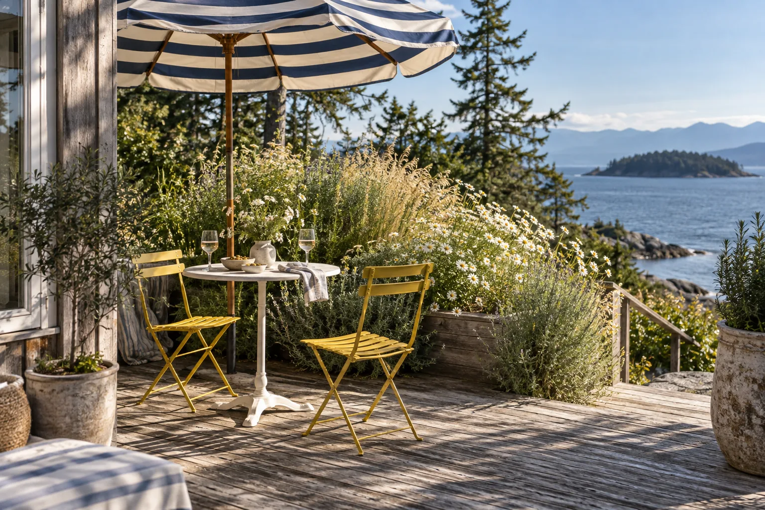 Blue-striped parasol and yellow chairs on a sunny cedar terrace